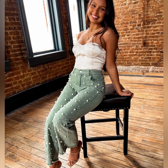 POL Sage Green Beaded Distressed Raw Hem Straight Leg Denim - Picture 4 of 5